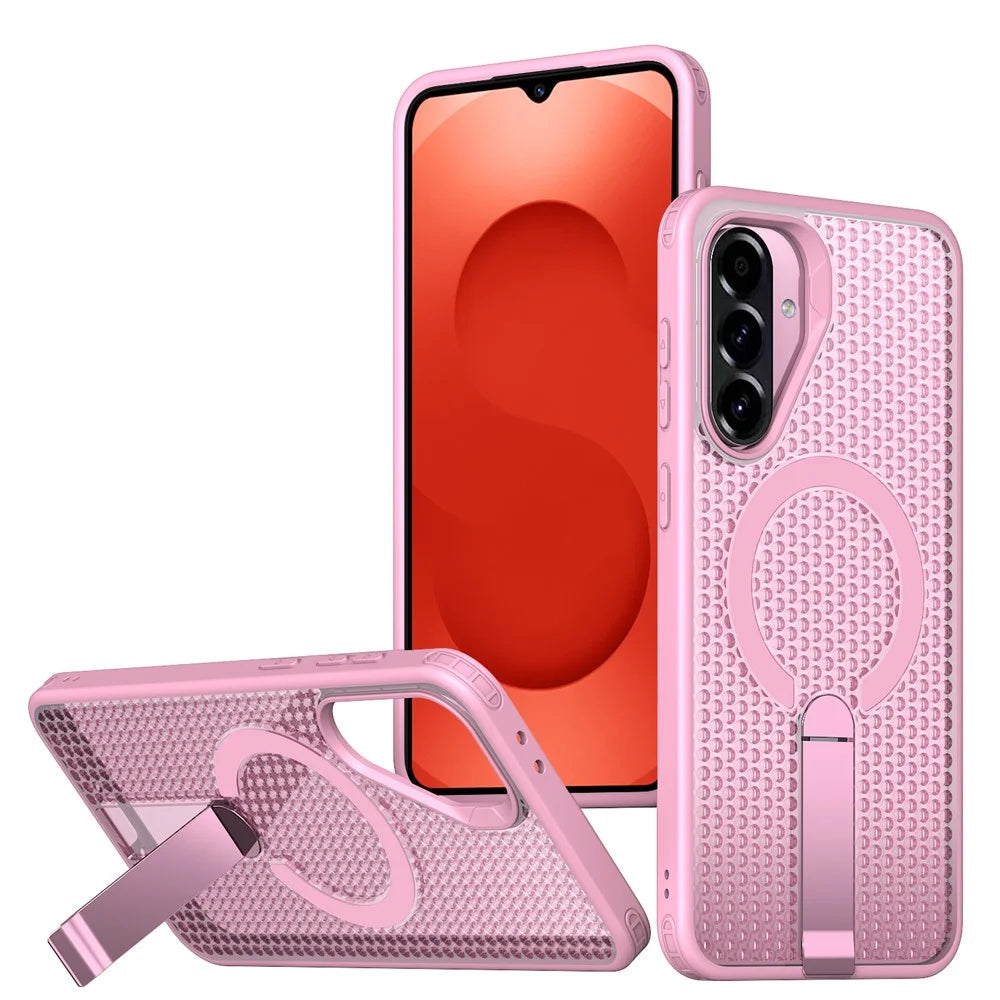 For Samsung Galaxy S26 FE Magnetic Case Kickstand Grid Texture TPU PC Phone Back Cover - Pink - 1