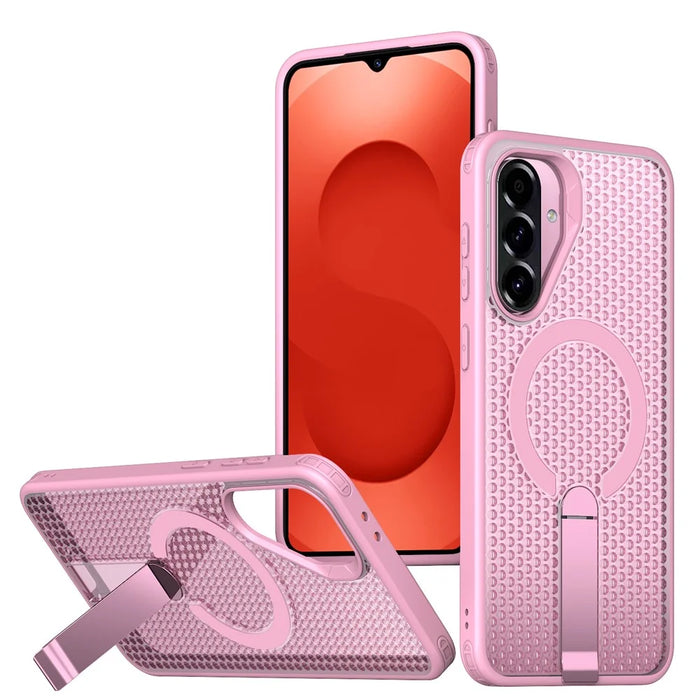 For Samsung Galaxy S26 FE Magnetic Case Kickstand Grid Texture TPU PC Phone Back Cover - Pink - 1