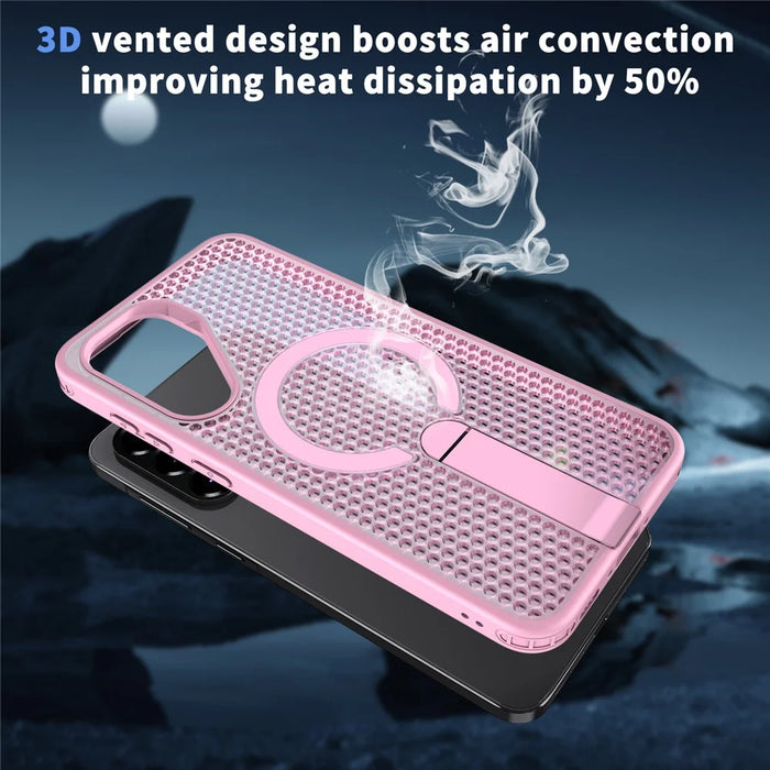For Samsung Galaxy S26 FE Magnetic Case Kickstand Grid Texture TPU PC Phone Back Cover - Pink - 2