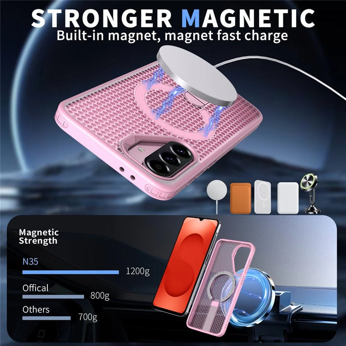 For Samsung Galaxy S26 FE Magnetic Case Kickstand Grid Texture TPU PC Phone Back Cover - Pink - 3