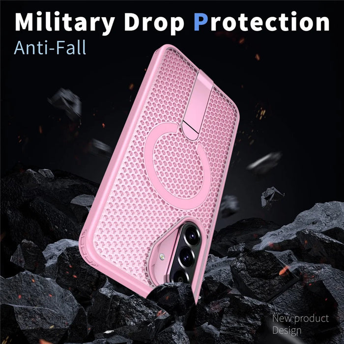 For Samsung Galaxy S26 FE Magnetic Case Kickstand Grid Texture TPU PC Phone Back Cover - Pink - 4