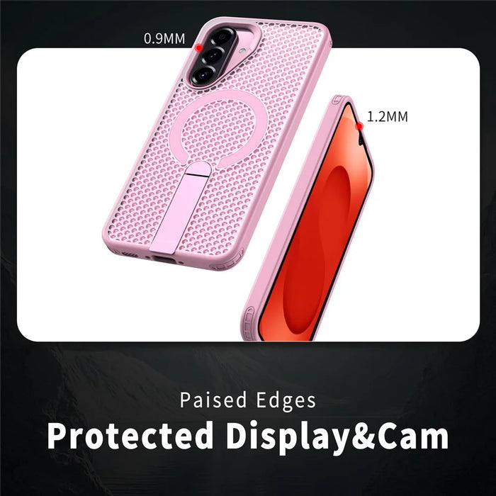For Samsung Galaxy S26 FE Magnetic Case Kickstand Grid Texture TPU PC Phone Back Cover - Pink - 5