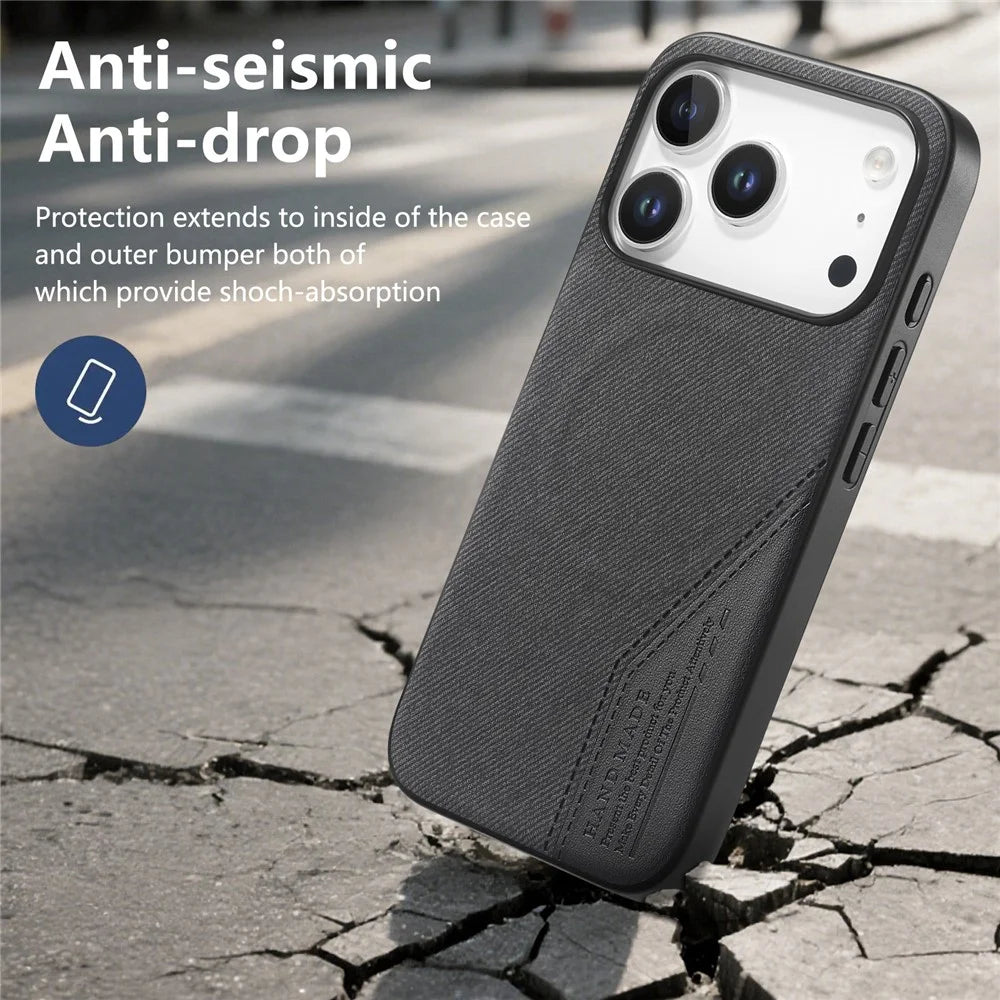 For iPhone 18 Pro  /  17 Pro Magnetic Case Cloth Texture PU Leather + PC + TPU Phone Cover - Black - 5