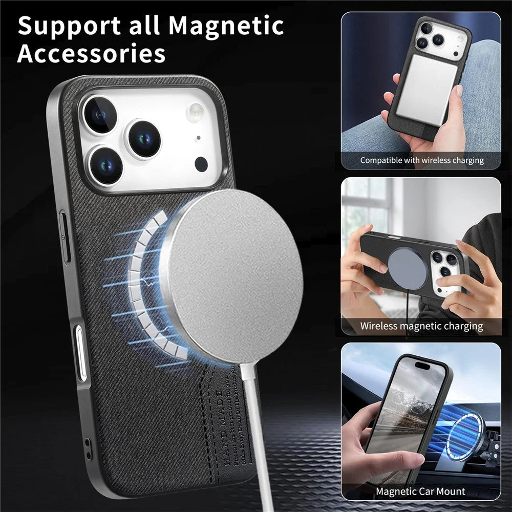 For iPhone 18 Pro  /  17 Pro Magnetic Case Cloth Texture PU Leather + PC + TPU Phone Cover - Black - 6