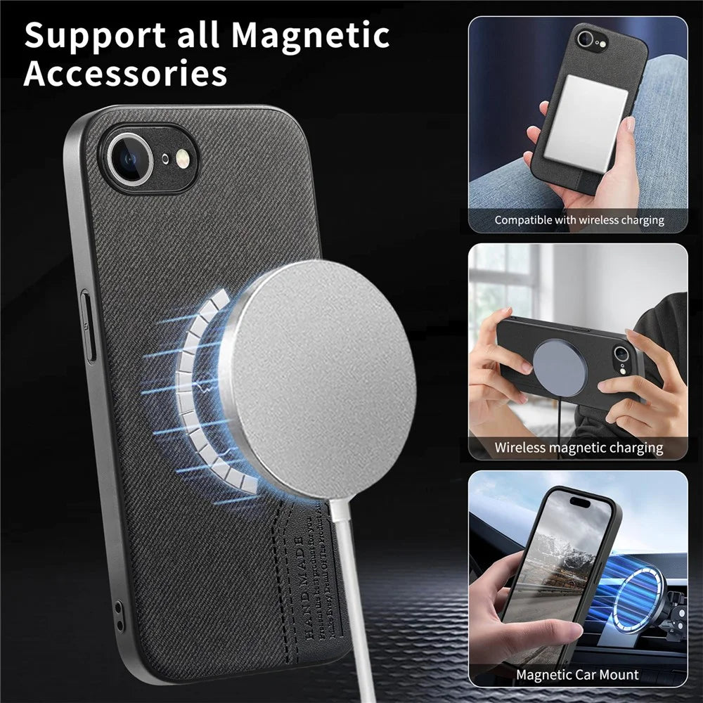 For iPhone 17e  /  16e Magnetic Case Cloth Texture PU Leather + PC + TPU Phone Cover - Black - 6