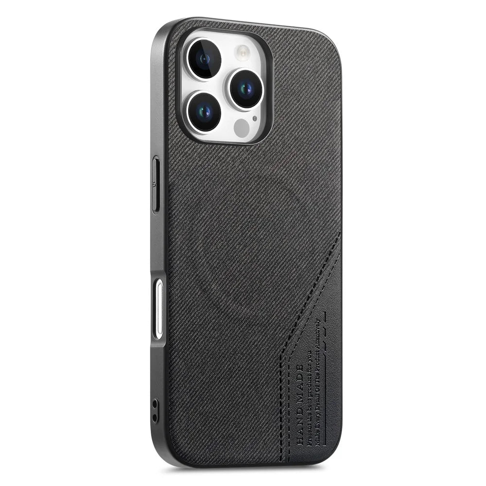 For iPhone 16 Pro Max Magnetic Case Cloth Texture PU Leather + PC + TPU Phone Cover - Black - 1
