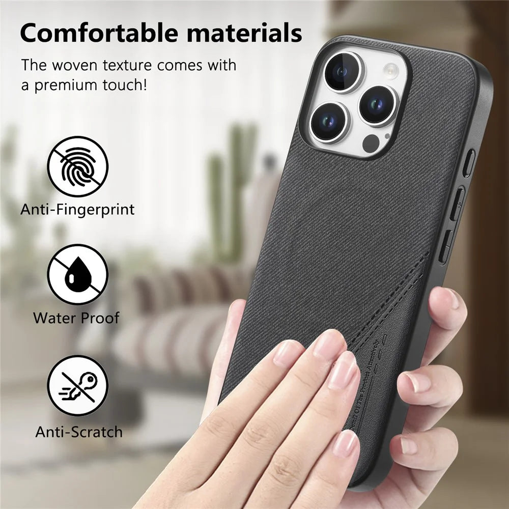 For iPhone 16 Pro Max Magnetic Case Cloth Texture PU Leather + PC + TPU Phone Cover - Black - 7
