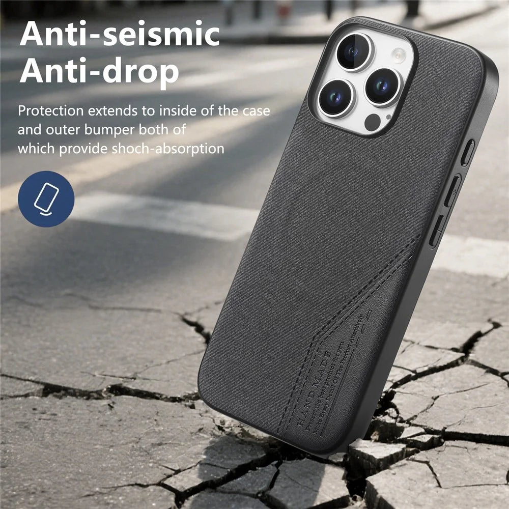 For iPhone 16 Pro Magnetic Case Cloth Texture PU Leather + PC + TPU Phone Cover - Black - 5