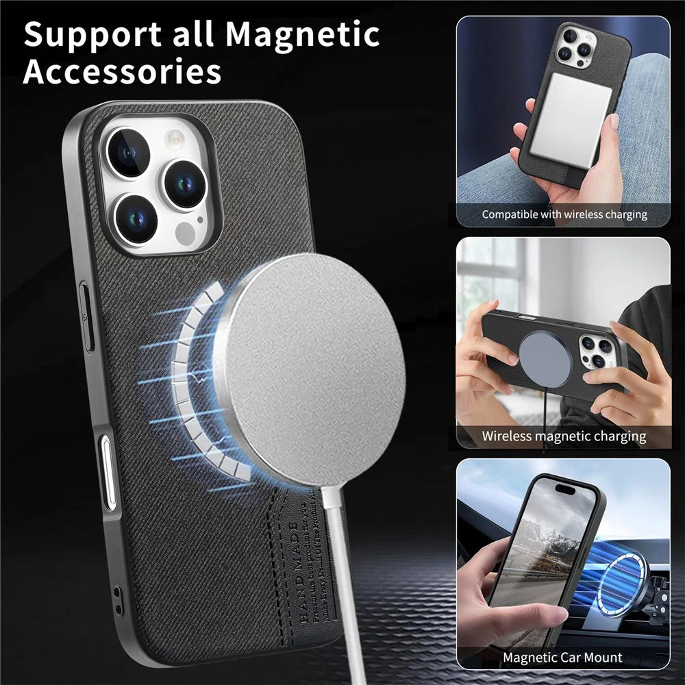 For iPhone 16 Pro Magnetic Case Cloth Texture PU Leather + PC + TPU Phone Cover - Black - 6