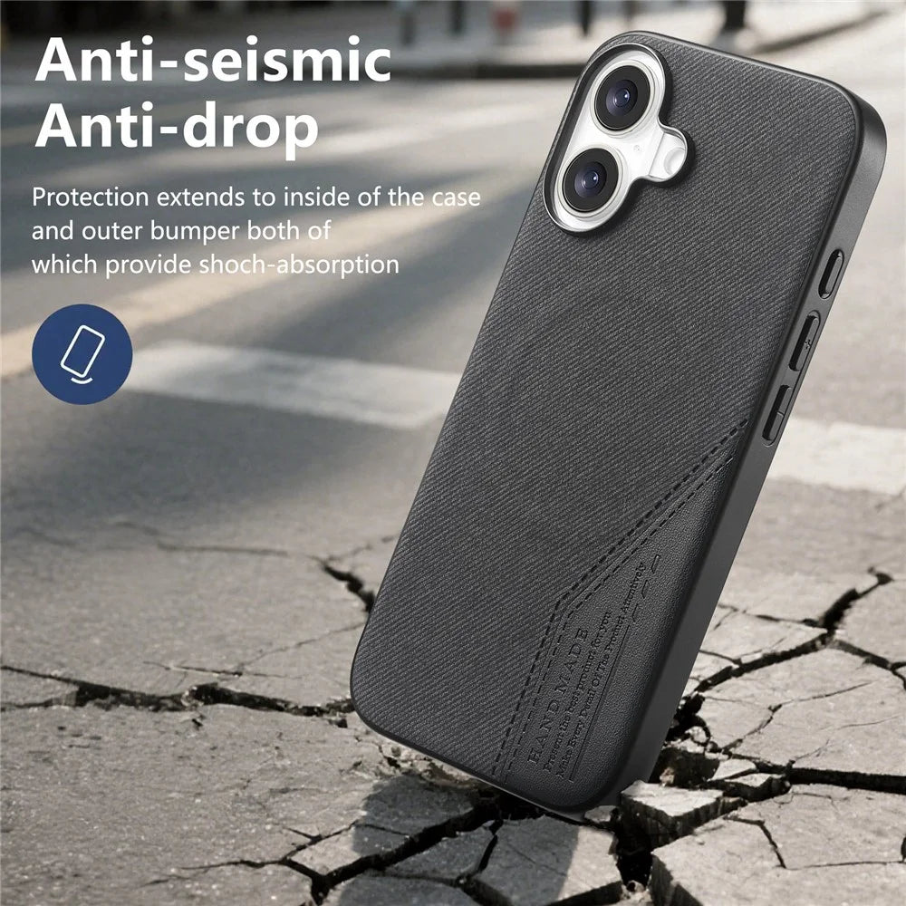 For iPhone 17 Magnetic Case Cloth Texture PU Leather + PC + TPU Phone Cover - Black - 5