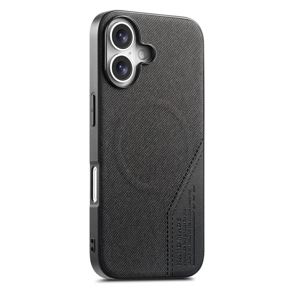 For iPhone 16 Magnetic Case Cloth Texture PU Leather + PC + TPU Phone Cover - Black - 1