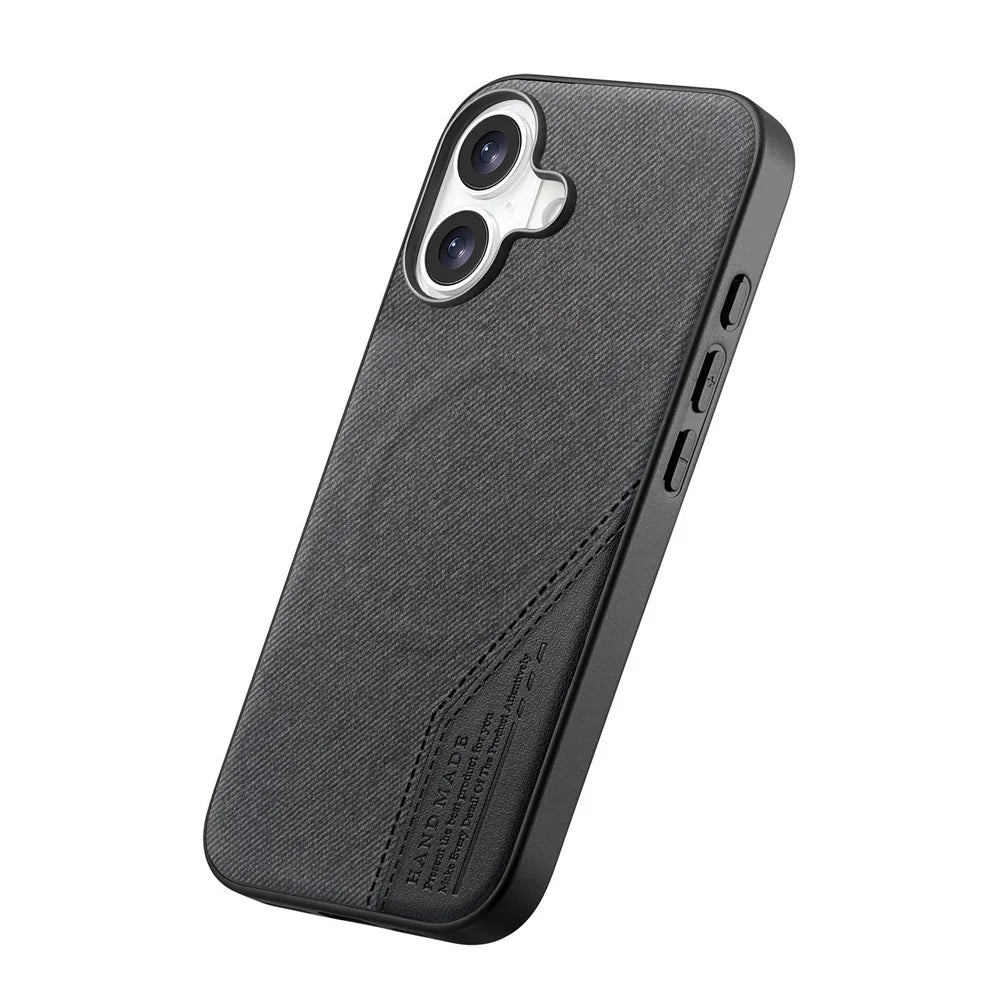 For iPhone 16 Magnetic Case Cloth Texture PU Leather + PC + TPU Phone Cover - Black - 2