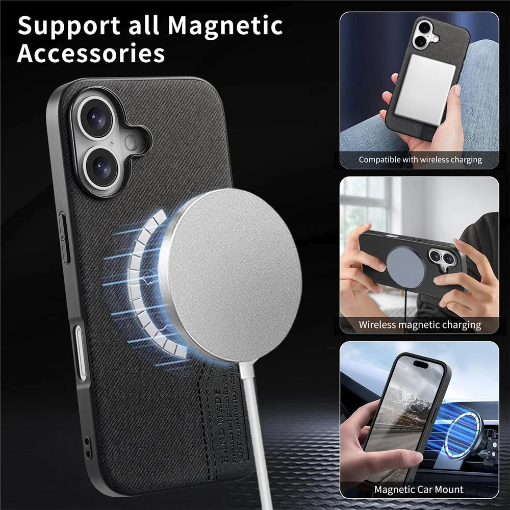 For iPhone 16 Magnetic Case Cloth Texture PU Leather + PC + TPU Phone Cover - Black - 6