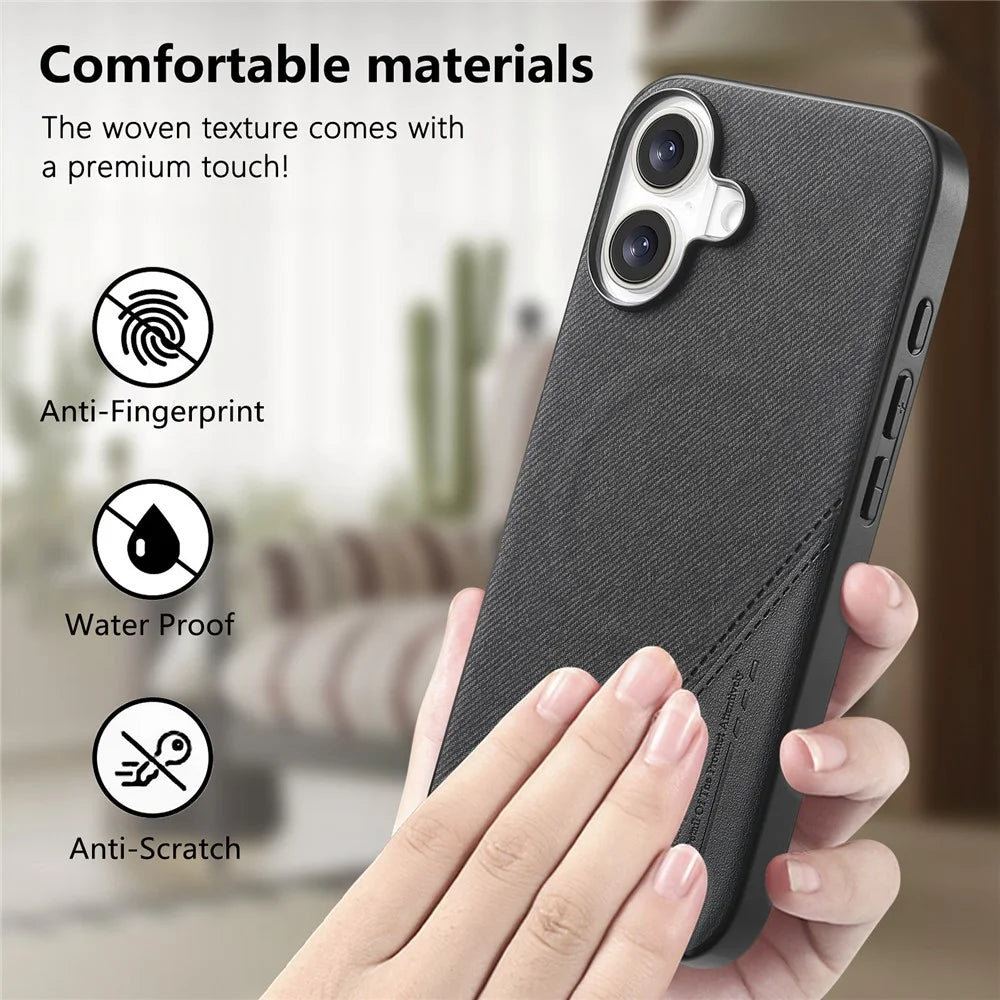 For iPhone 16 Magnetic Case Cloth Texture PU Leather + PC + TPU Phone Cover - Black - 7