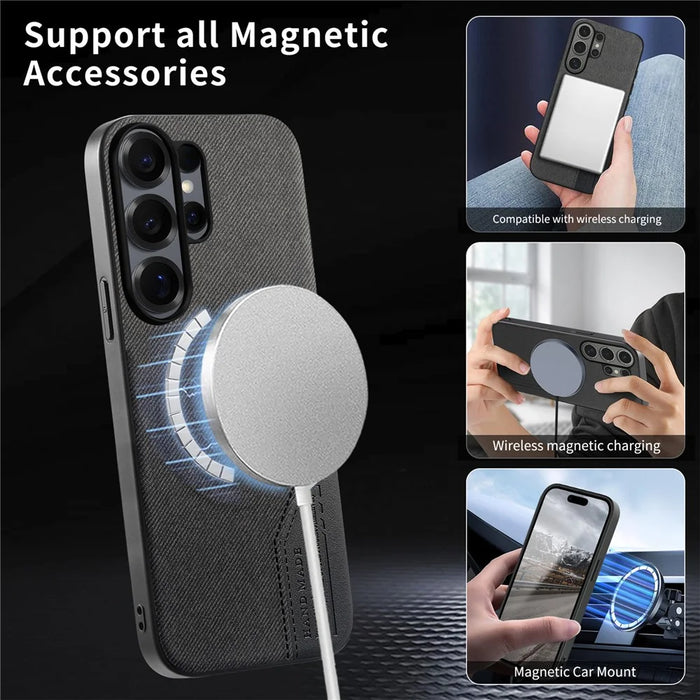 For Samsung Galaxy S25 Ultra Magnetic Case Cloth Texture PU Leather + PC + TPU Phone Cover - Black - 6