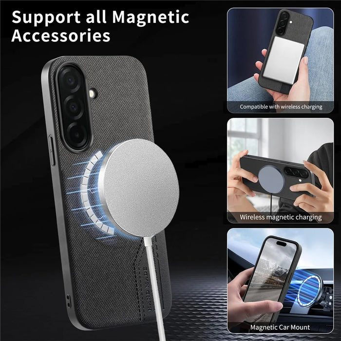 For Samsung Galaxy S25 Magnetic Case Cloth Texture PU Leather + PC + TPU Phone Cover - Black - 6