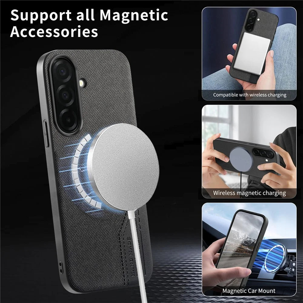For Samsung Galaxy A17 5G  /  A17 4G Magnetic Case Cloth Texture PU Leather + PC + TPU Phone Cover - Black - 5