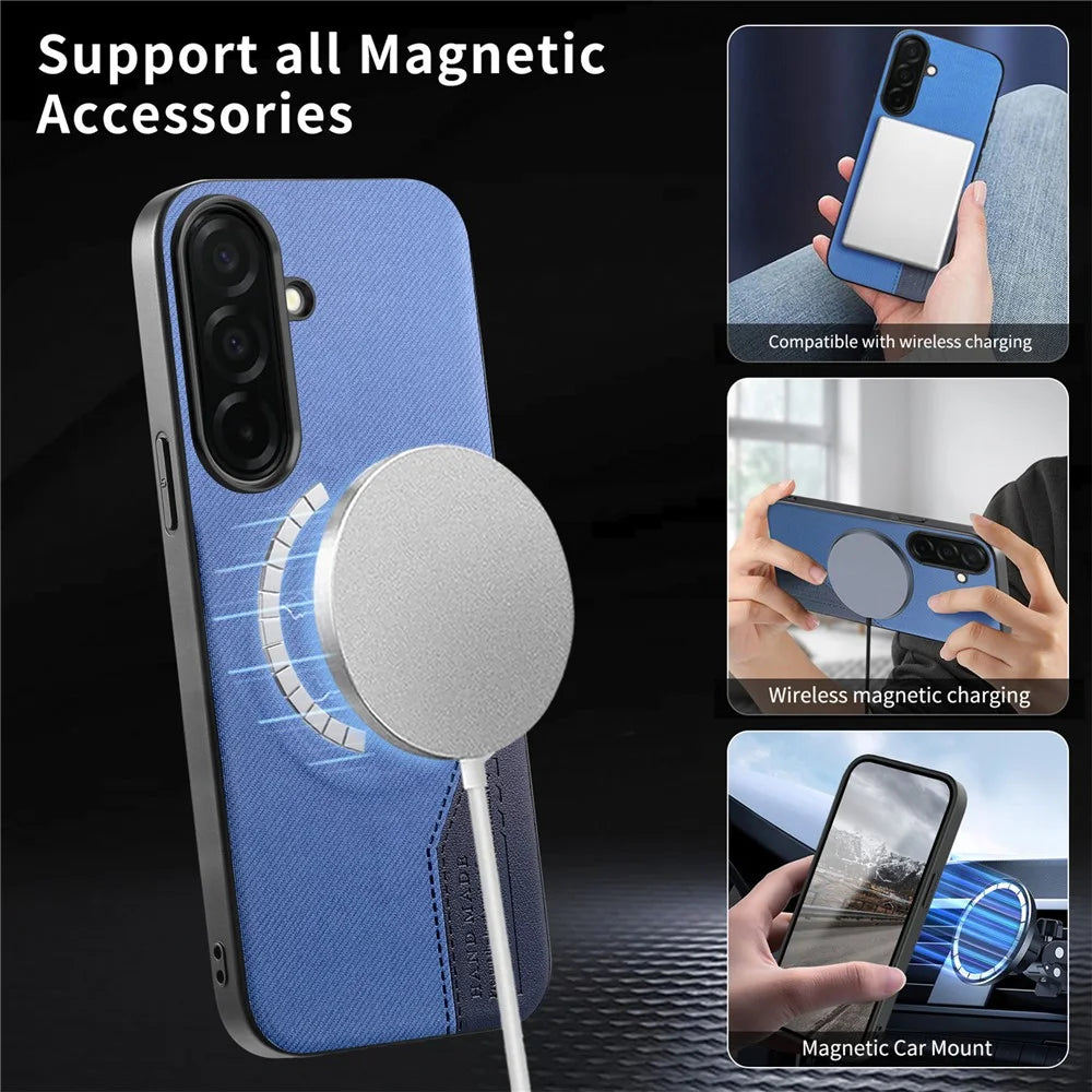 For Samsung Galaxy A56 5G Magnetic Case Cloth Texture PU Leather + PC + TPU Phone Cover - Blue - 5