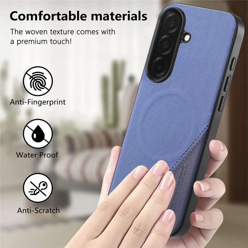 For Samsung Galaxy A56 5G Magnetic Case Cloth Texture PU Leather + PC + TPU Phone Cover - Blue - 6