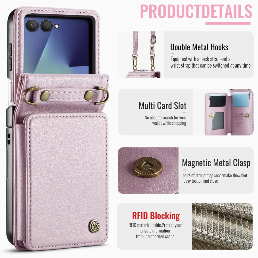 CASEME for Samsung Galaxy Z Flip8 Case with RFID Blocking 5 Card Slots  C22 Leather Back Cover - Pink - 3