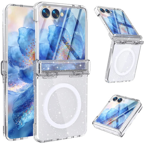 For Samsung Galaxy Z Flip8 Magnetic Case Hinge Protection Clear PC + TPU Phone Cover Built-in Screen Protector - Transparent Glitter - 1