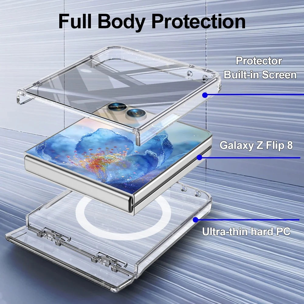 For Samsung Galaxy Z Flip8 Magnetic Case Hinge Protection Clear PC + TPU Phone Cover Built-in Screen Protector - Transparent Glitter - 5
