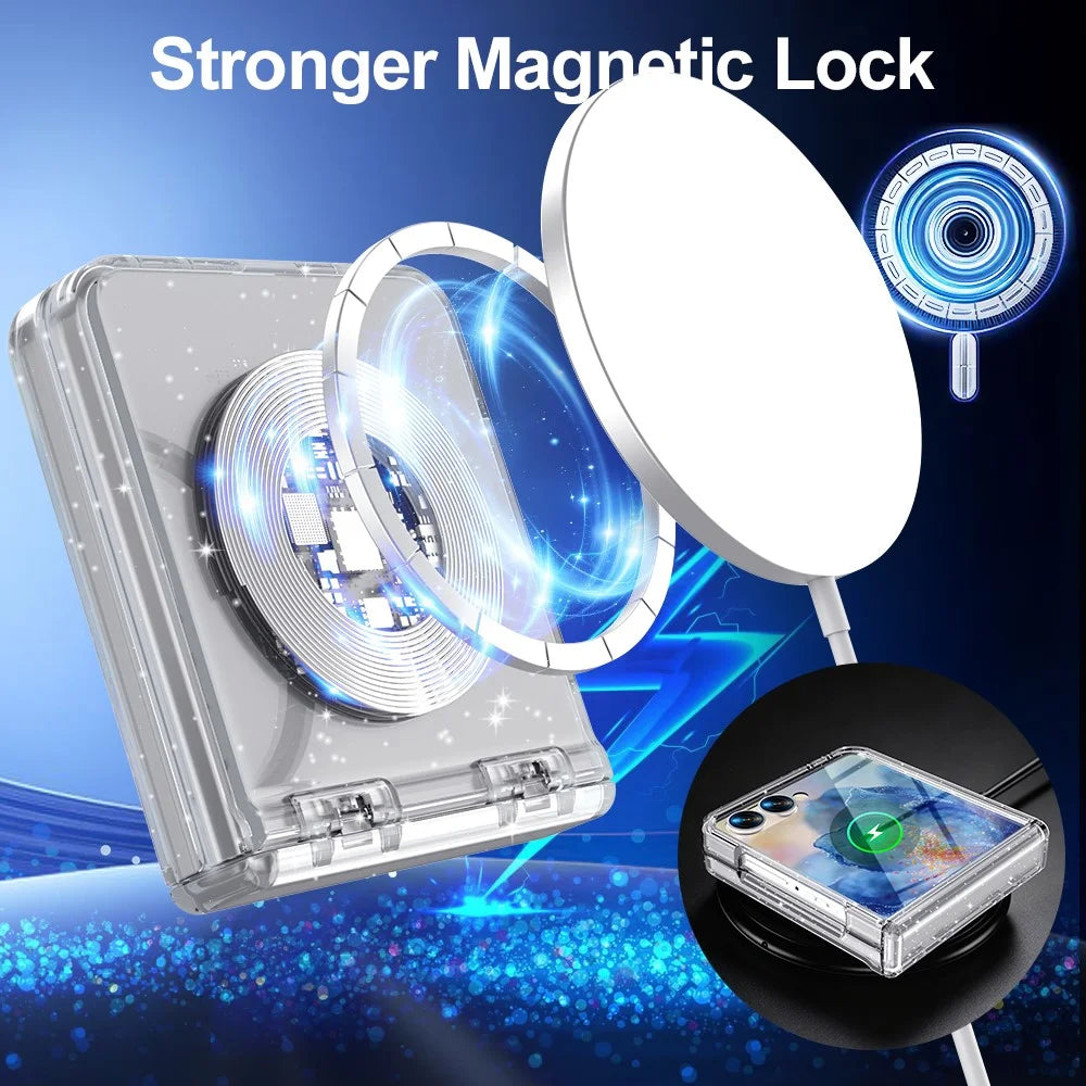For Samsung Galaxy Z Flip8 Magnetic Case Hinge Protection Clear PC + TPU Phone Cover Built-in Screen Protector - Transparent Glitter - 6