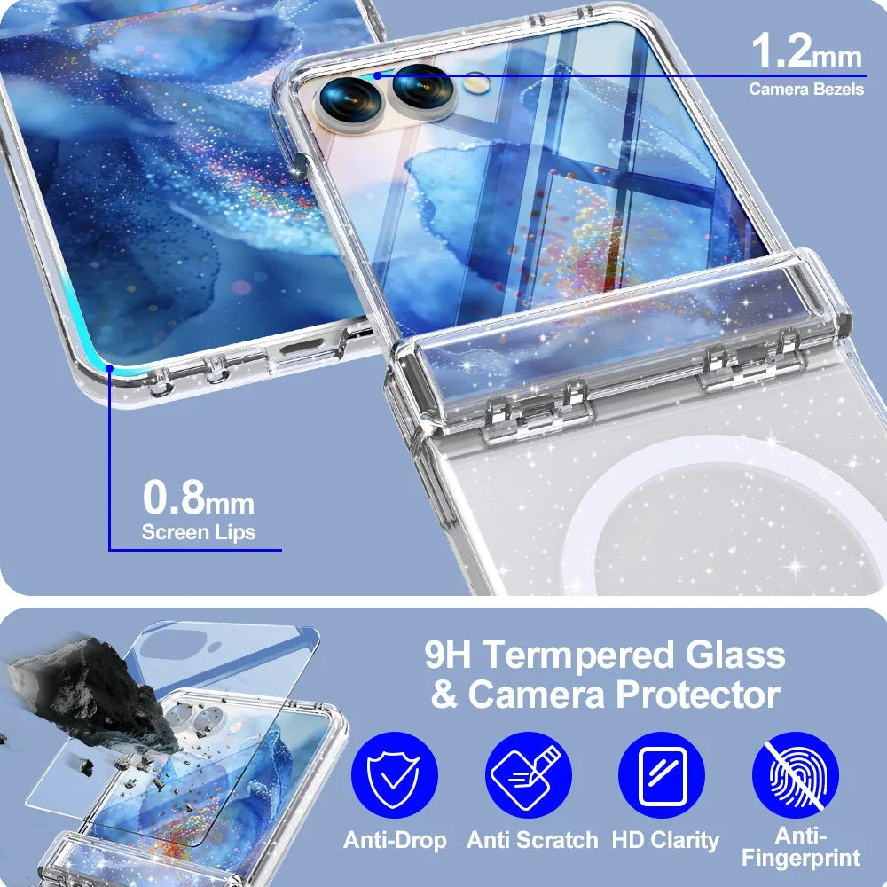 For Samsung Galaxy Z Flip8 Magnetic Case Hinge Protection Clear PC + TPU Phone Cover Built-in Screen Protector - Transparent Glitter - 7