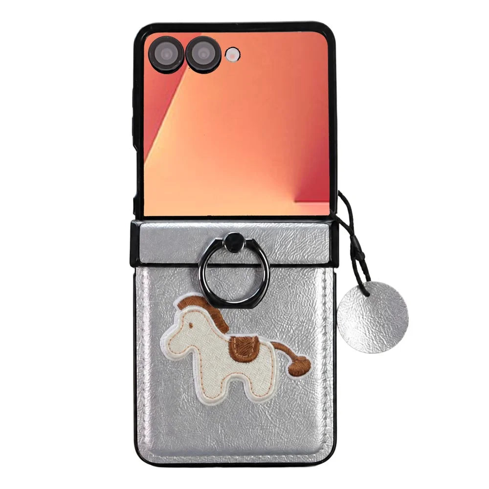 For Samsung Galaxy Z Flip8 Case Horse Embroidery Microfiber Leather Back Cover with Ring Holder Kickstand - Silver - 1