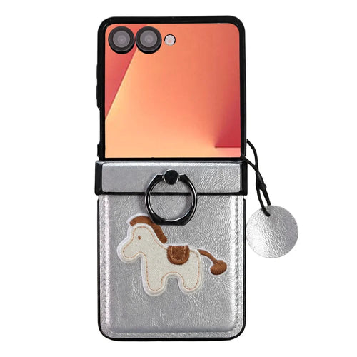 For Samsung Galaxy Z Flip8 Case Horse Embroidery Microfiber Leather Back Cover with Ring Holder Kickstand - Silver - 1