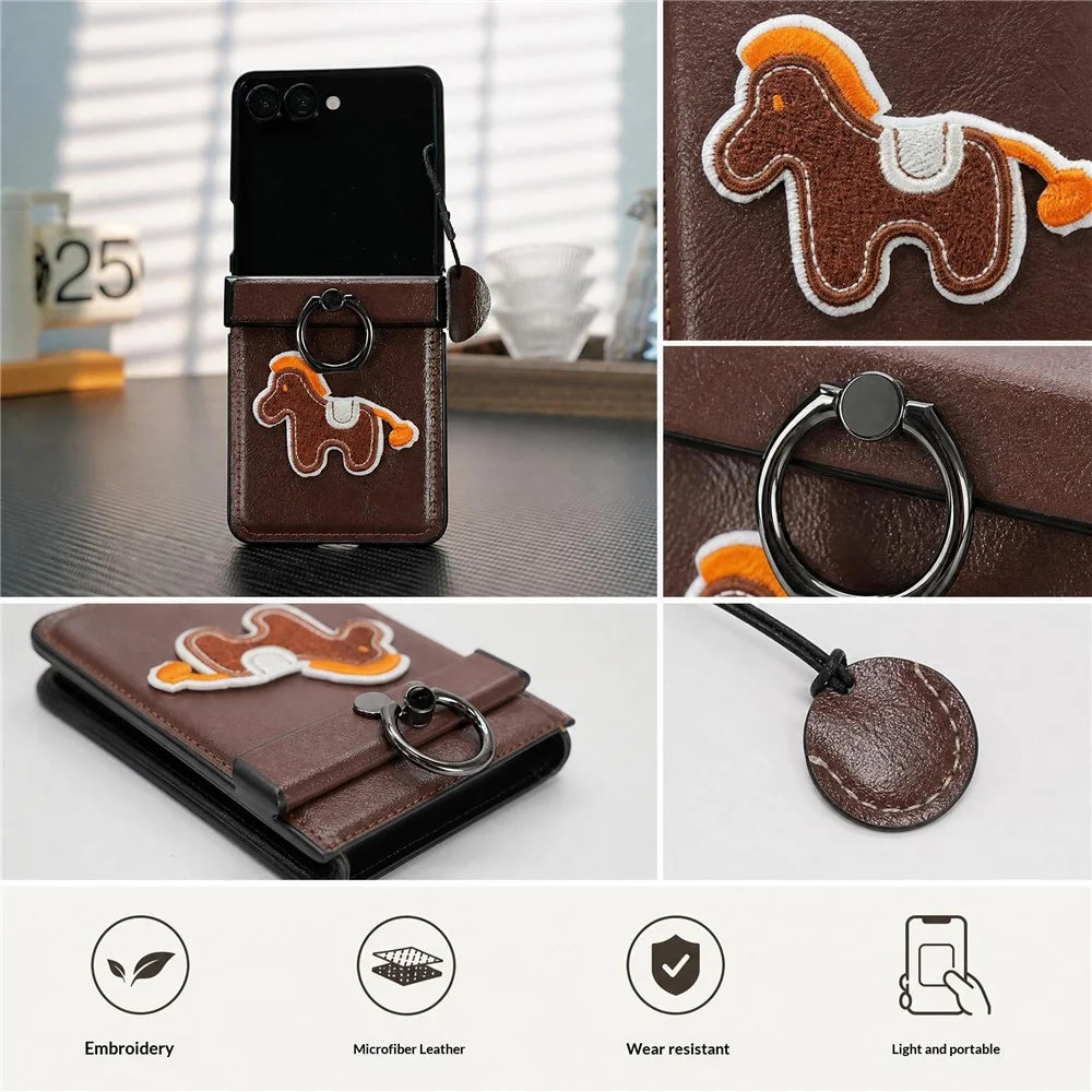 For Samsung Galaxy Z Flip8 Case Horse Embroidery Microfiber Leather Back Cover with Ring Holder Kickstand - Silver - 4