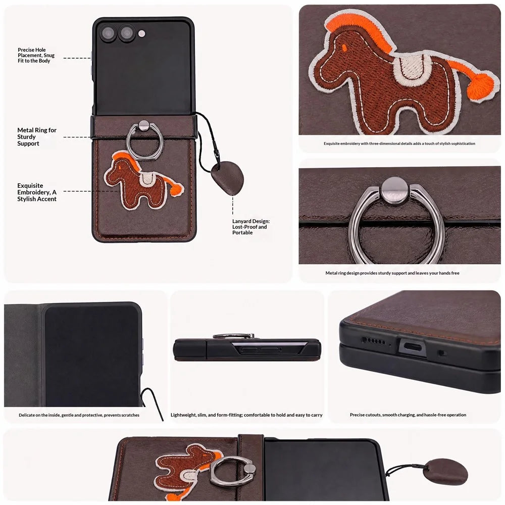 For Samsung Galaxy Z Flip8 Case Horse Embroidery Microfiber Leather Back Cover with Ring Holder Kickstand - Silver - 5