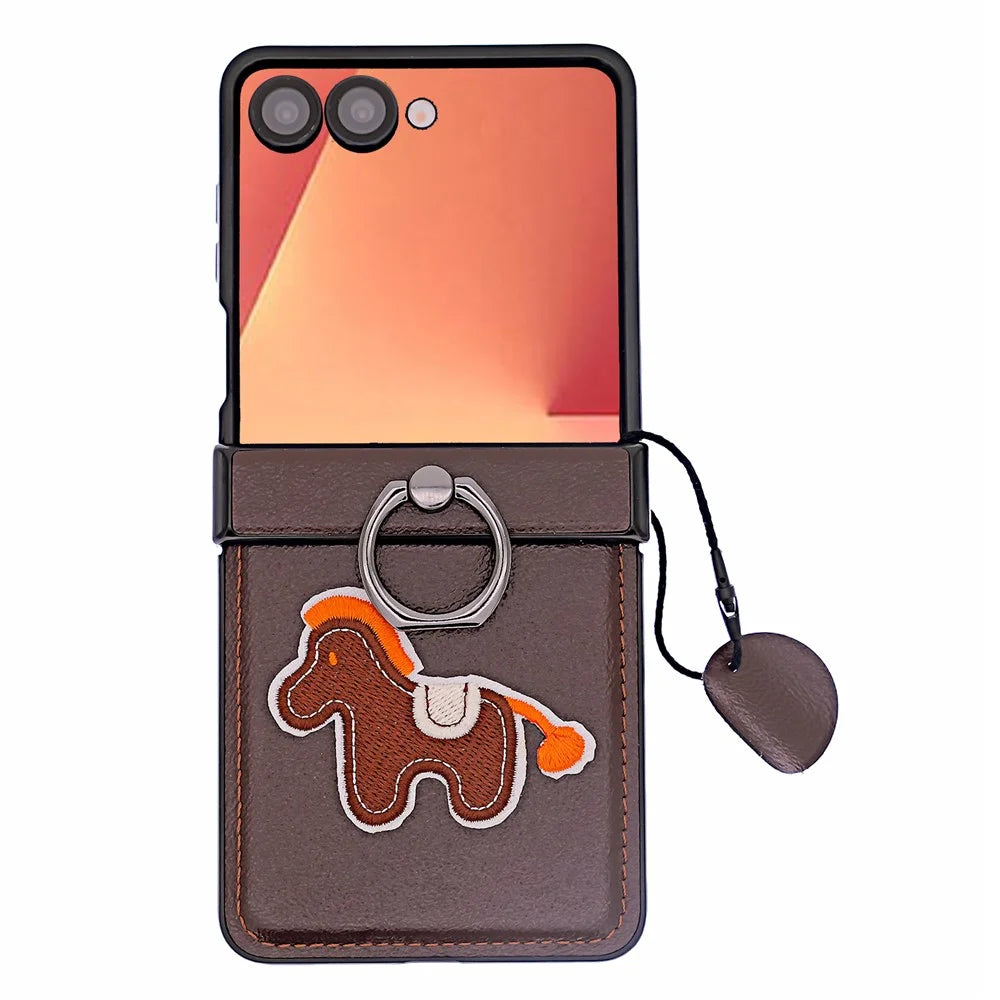 For Samsung Galaxy Z Flip7 5G Case Horse Embroidery Microfiber Leather Back Cover with Ring Holder Kickstand - Brown - 1