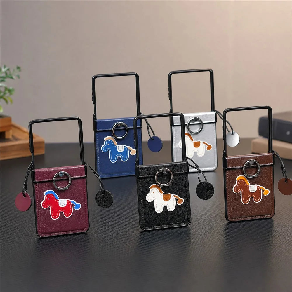 For Samsung Galaxy Z Flip7 5G Case Horse Embroidery Microfiber Leather Back Cover with Ring Holder Kickstand - Brown - 7