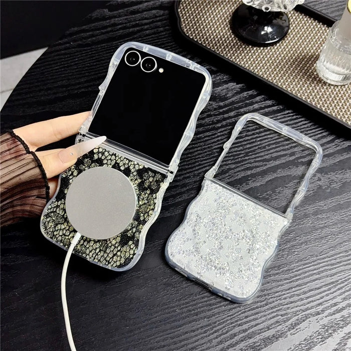 For Samsung Galaxy Z Flip7 5G Magnetic Case Wavy Edge Lace Pattern TPU Phone Cover - Black - 5