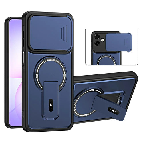 For Samsung Galaxy A08 4G / A07 4G Case with Slide Camera Cover Kickstand Shockproof PC + TPU Matte Finish Phone Shell - Blue - 1