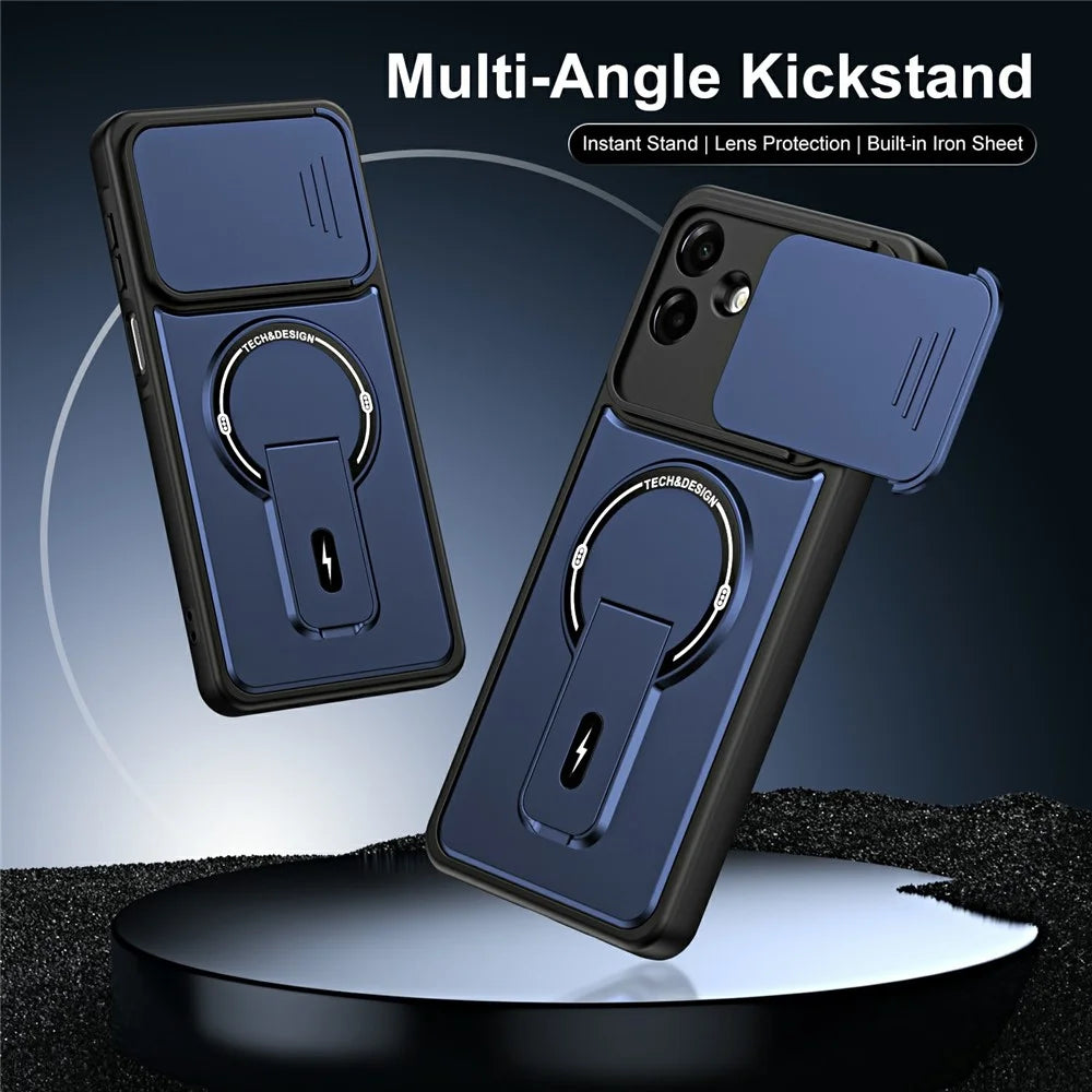 For Samsung Galaxy A08 4G / A07 4G Case with Slide Camera Cover Kickstand Shockproof PC + TPU Matte Finish Phone Shell - Blue - 2