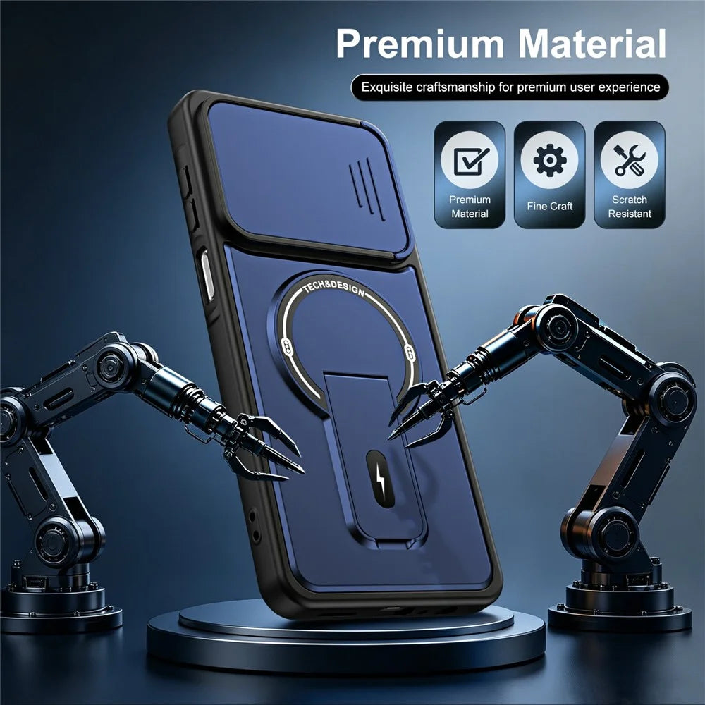 For Samsung Galaxy A08 4G / A07 4G Case with Slide Camera Cover Kickstand Shockproof PC + TPU Matte Finish Phone Shell - Blue - 3