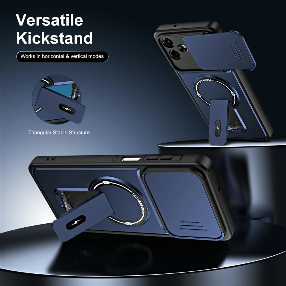 For Samsung Galaxy A08 4G / A07 4G Case with Slide Camera Cover Kickstand Shockproof PC + TPU Matte Finish Phone Shell - Blue - 4