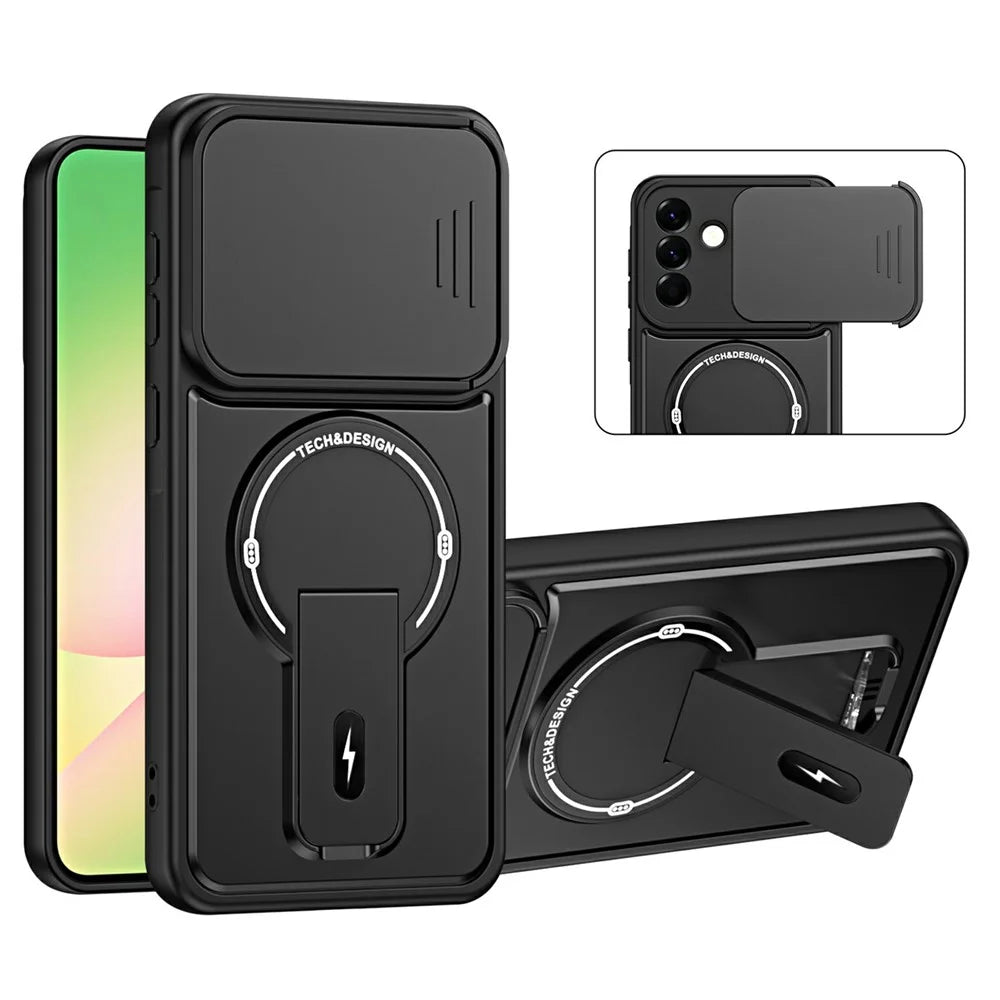 For Samsung Galaxy A27 5G Case with Slide Camera Cover Kickstand Shockproof PC + TPU Matte Finish Phone Shell - Black - 1