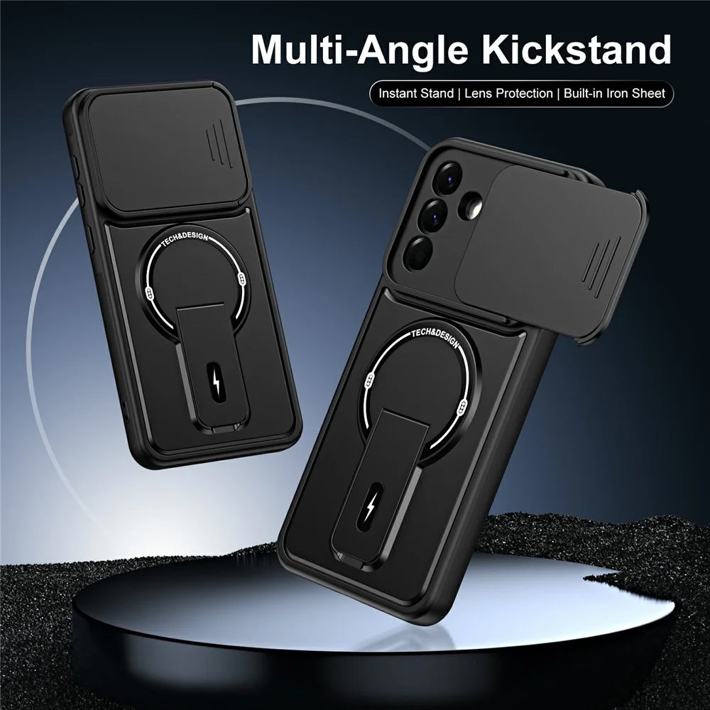 For Samsung Galaxy A37 5G Case with Slide Camera Cover Kickstand Shockproof PC + TPU Matte Finish Phone Shell - Black - 2