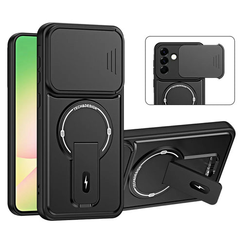 For Samsung Galaxy A57 5G Case with Slide Camera Cover Kickstand Shockproof PC + TPU Matte Finish Phone Shell - Black - 1