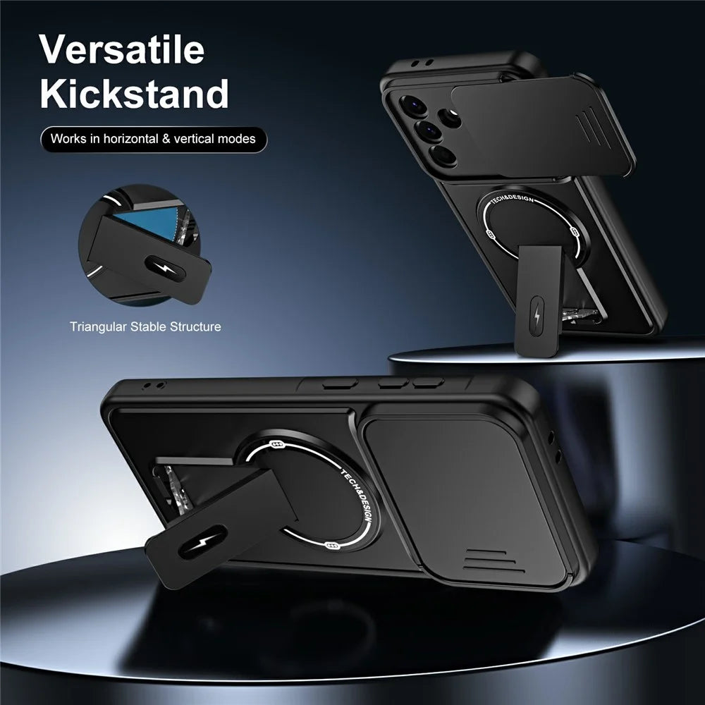 For Samsung Galaxy A57 5G Case with Slide Camera Cover Kickstand Shockproof PC + TPU Matte Finish Phone Shell - Black - 4