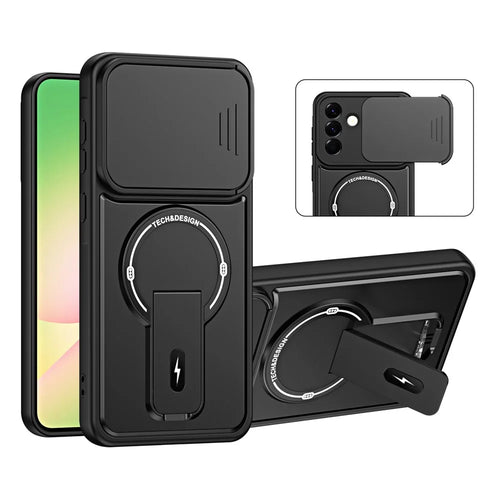 For Samsung Galaxy A56 5G Case with Slide Camera Cover Kickstand Shockproof PC + TPU Matte Finish Phone Shell - Black - 1
