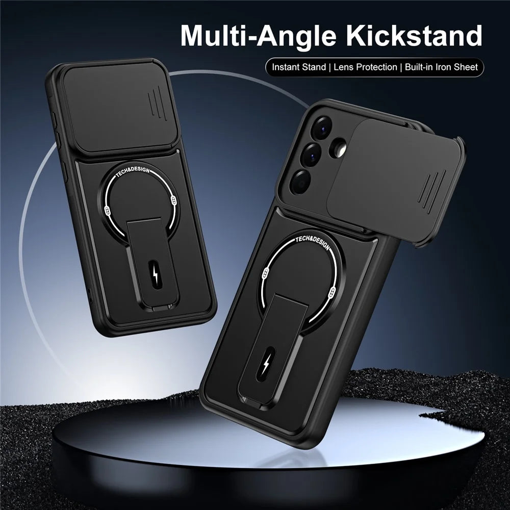 For Samsung Galaxy A56 5G Case with Slide Camera Cover Kickstand Shockproof PC + TPU Matte Finish Phone Shell - Black - 2