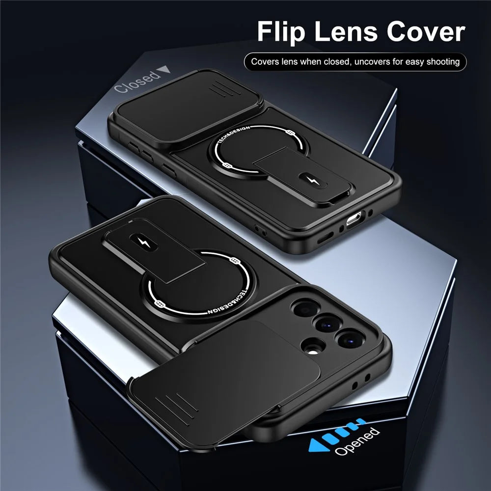 For Samsung Galaxy A56 5G Case with Slide Camera Cover Kickstand Shockproof PC + TPU Matte Finish Phone Shell - Black - 5