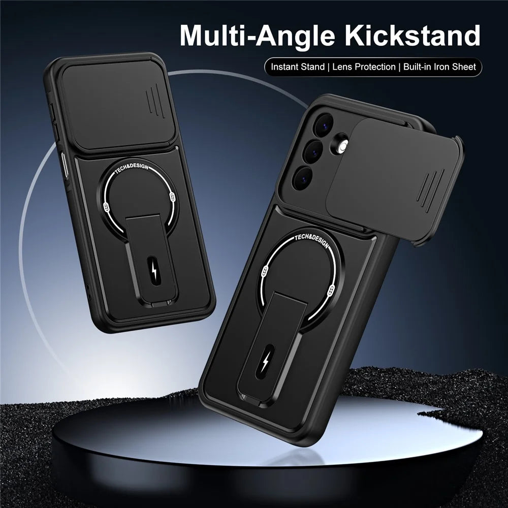 For Samsung Galaxy S26 Case with Slide Camera Cover Kickstand Shockproof PC + TPU Matte Finish Phone Shell - Black - 2