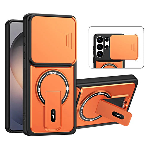 For Samsung Galaxy S26 Ultra Case with Slide Camera Cover Kickstand Shockproof PC + TPU Matte Finish Phone Shell - Orange - 1