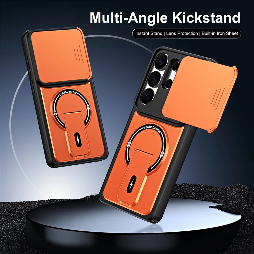 For Samsung Galaxy S26 Ultra Case with Slide Camera Cover Kickstand Shockproof PC + TPU Matte Finish Phone Shell - Orange - 2