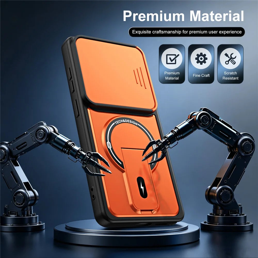 For Samsung Galaxy S26 Ultra Case with Slide Camera Cover Kickstand Shockproof PC + TPU Matte Finish Phone Shell - Orange - 3